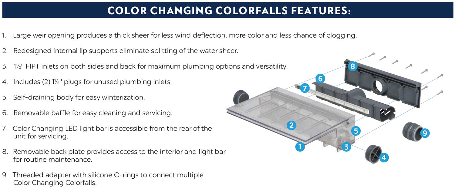 Atlantic's Color Changing Colorfalls are the first modular sheer descent system with multiple light and configuration options - purchase yours at Hoffman's Water X Scapes.