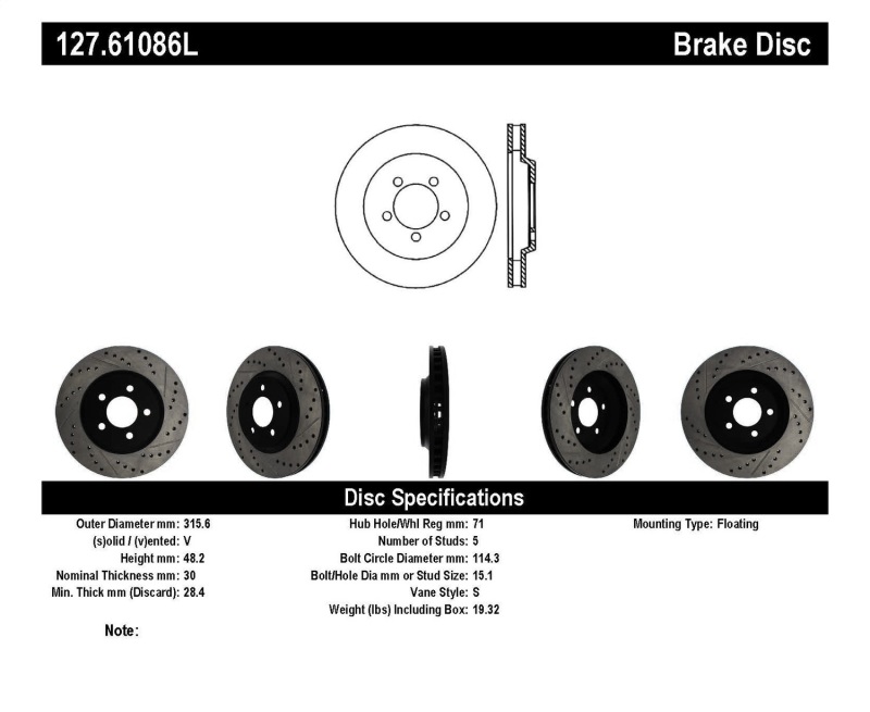 StopTech 05-10 Ford Mustang GT Front Left Slotted & Drilled Rotor - 127.61086L