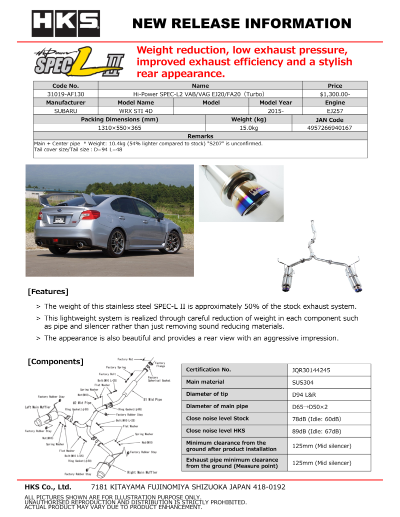 HKS Hi-Power SPEC-L2 VAB EJ20 - 31019-AF130