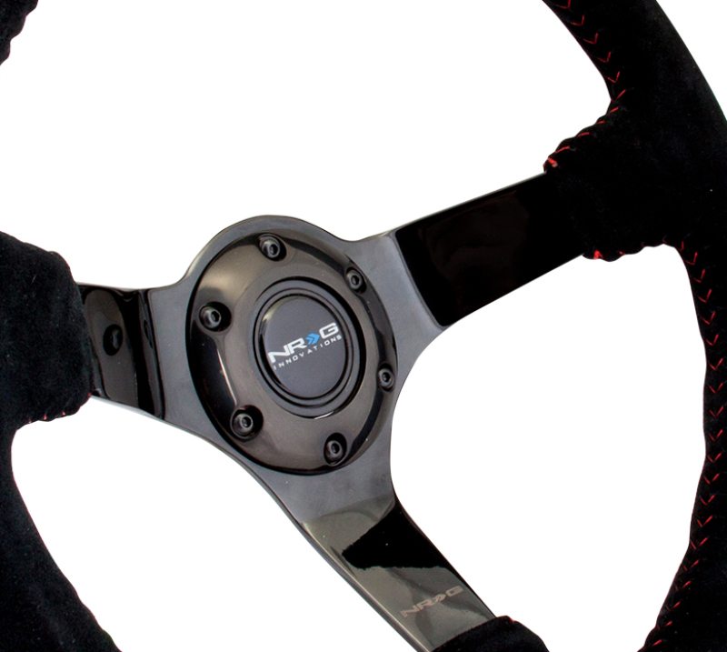 NRG Reinforced Steering Wheel (350mm / 3in. Deep) Blk Suede w/Red BBall Stitch & Black 3-Spoke - RST-036BK-S