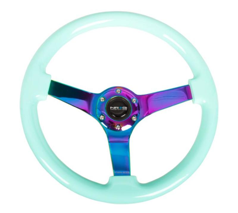 NRG Reinforc Steering Wheel (350mm / 3in. Deep) Minty Fresh Wood Grain w/Neochrome 3-Spoke Center - RST-036MF-MC