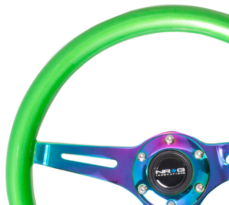 NRG Classic Wood Grain Steering Wheel (350mm) Green Pearl/Flake Paint w/Neochrome 3-Spoke Center - ST-015MC-GN