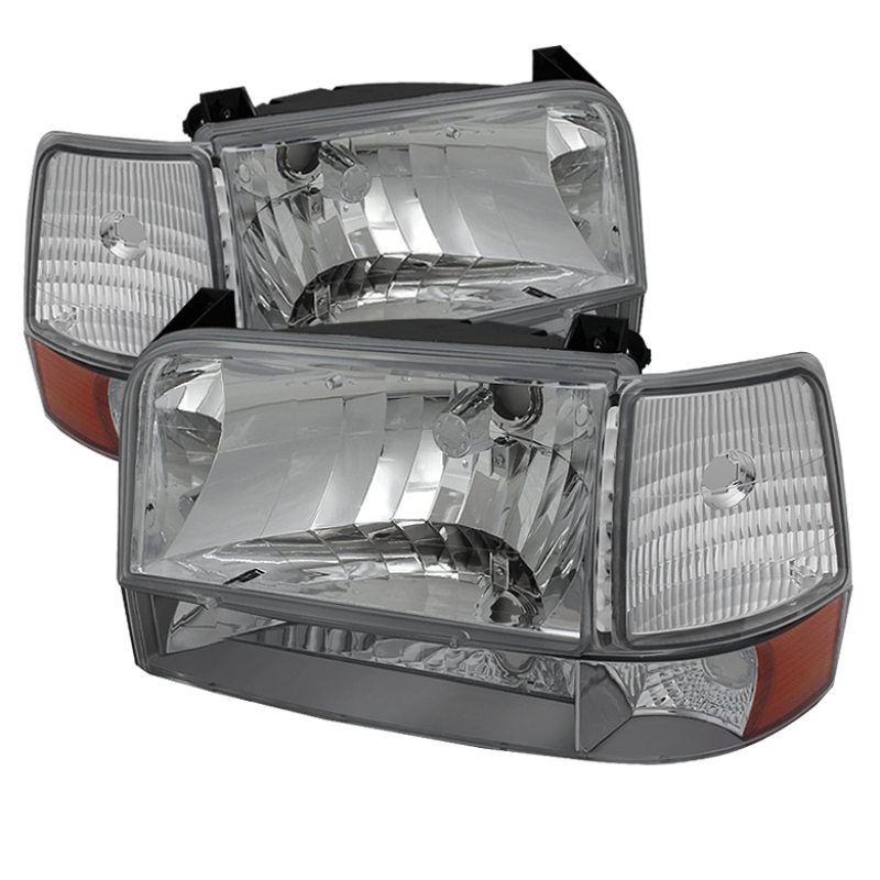 Xtune Ford F150/Bronco 92-96 Headlights w/Corner Bumper 6pcs Amber- Chrome HD-JH-FB92-SET-AM-C - 5073150