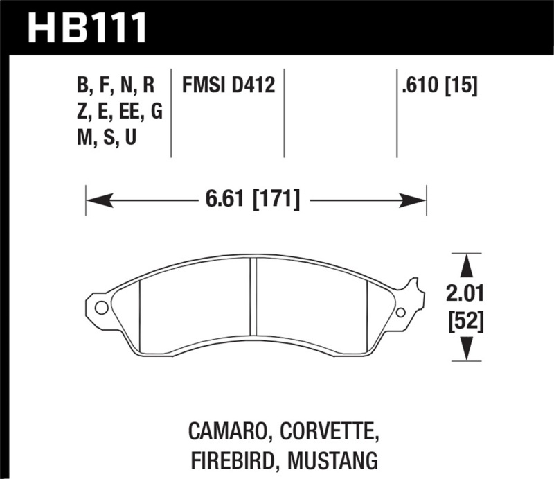 Hawk 94-04 Mustang Cobra / 88-96 Corvette / 88-92 Camaro w/HD Brakes Front Black Race Brake Pads - HB111M.610