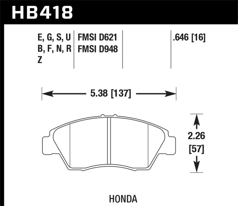 Hawk 02-06 RSX (non-S) Front / 03-11 Civic Hybrid / 04-05 Civic Si HP DTC-60 Front Race Brake Pads - HB418G.646
