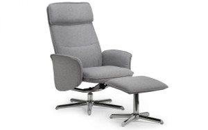 Aria Recliner & Stool With Chrome Base - Grey Linen Aria Recliner & Stool With Chrome Base - Grey Linen