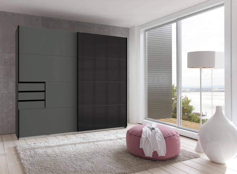 Tesoro’s Graphite Sliding Wardrobe with Glass Black Door 225cm