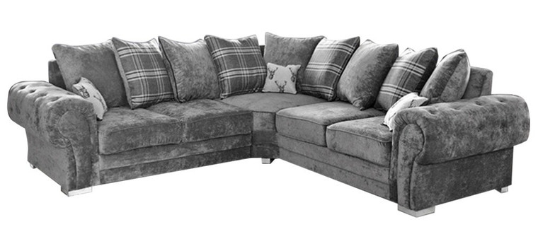 Chester Large Grey Round Arm Fabric Corner Sofa 2C2 With Chrome Legs And Scatter Back