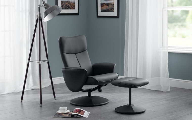 LUGANO RECLINER & STOOL WITH COVERED BASE - BLACK