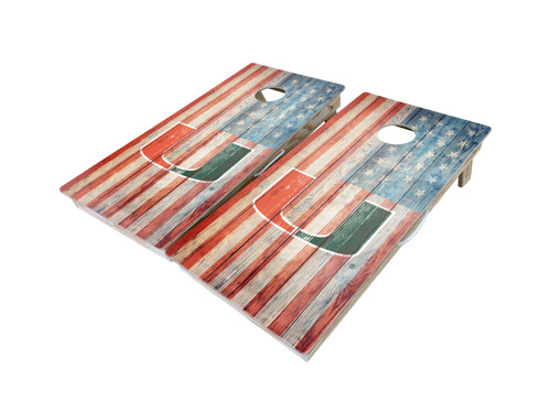 University of Miami American Flag Rustic Planks Cornhole Board Set