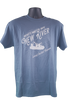 Indigo blue shirt with angled upward wording "Whitewater, WV" smaller above large scripted lettering "New River", below which there is a silhouette of a whitewater raft full of people. below this is more angled writing "Summit Bechtel Reserve". All print is in white.