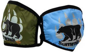 Blue and Green face masks with bear/paw logo (gray paw, black bear)