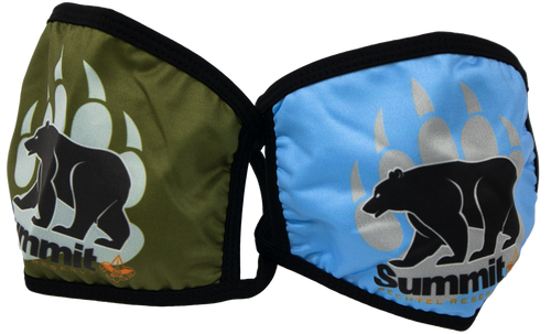 Blue and Green face masks with bear/paw logo (gray paw, black bear)