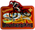A red rectangular patch with letters "SBR" filled with a mountain landscape, and partially covered by a person riding a mountain bike. The bottom of the patch says "mountainbiking" in black lettering.