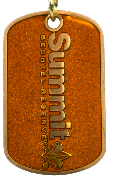 vertical view of dog tag with orange interior and brass outline. Raised in the center is a brass Summit logo. The tag is connected to a gold chain.