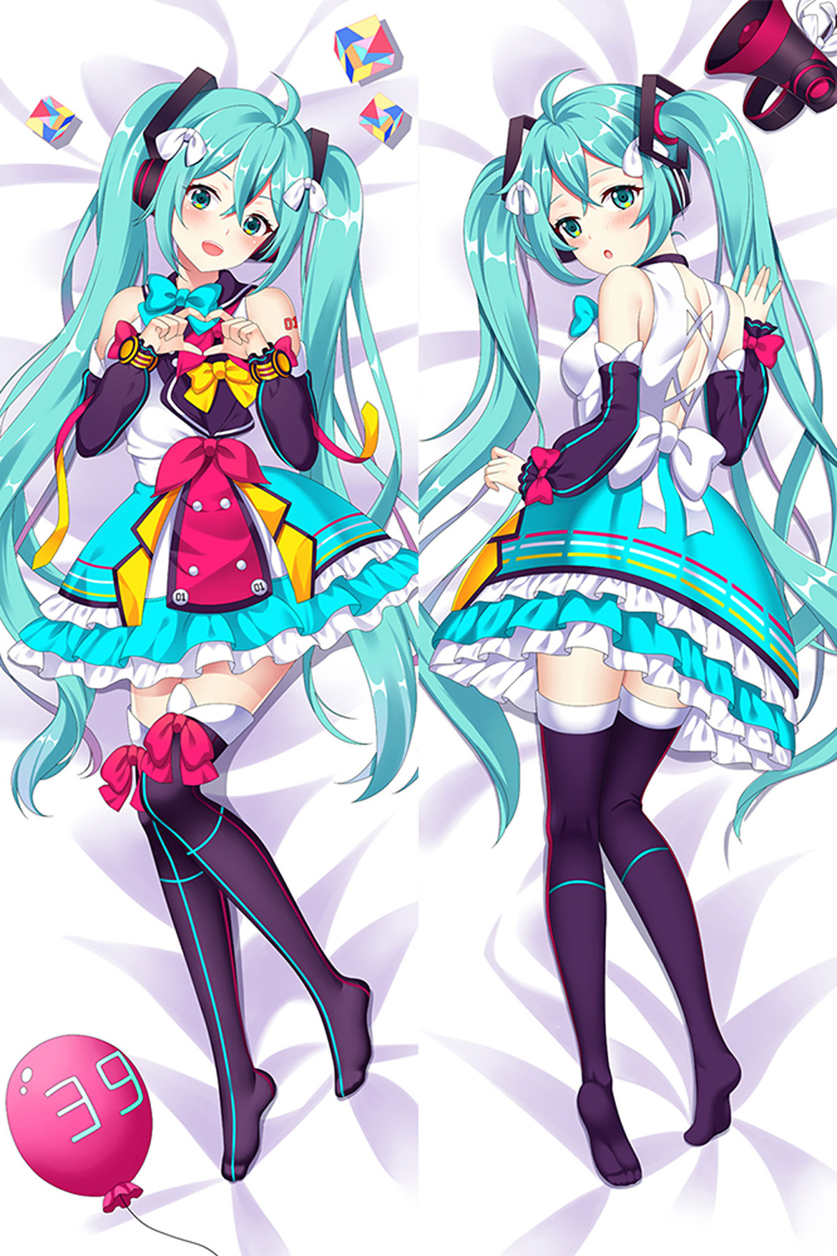 Illustrations recto et verso d'une housse de coussin en forme de Hatsune Miku, représentant une robe bleu sarcelle à volants, agrémentée de nœuds roses et de touches de jaune.