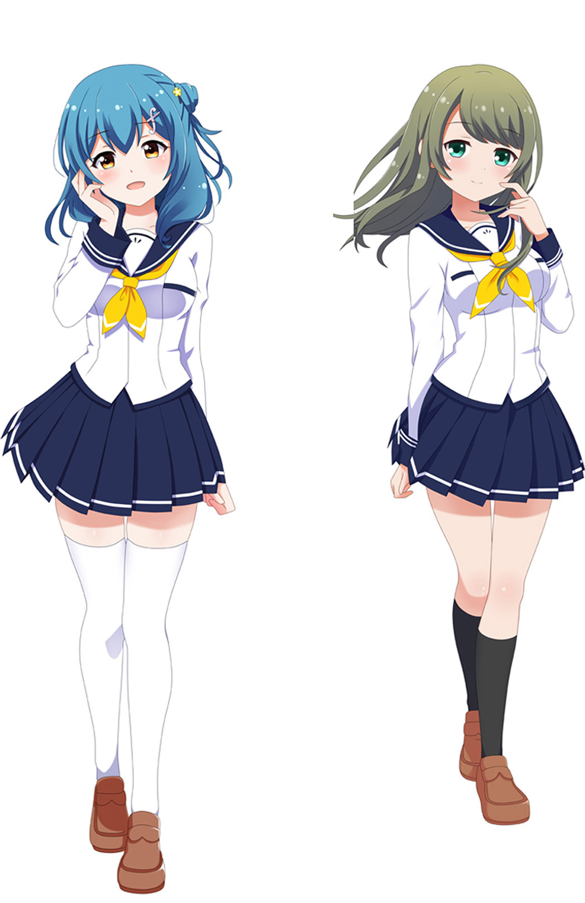 Funda de dakimakura de Shiho y Kurumi Tokiwa con uniformes marineros blancos y azul marino y lazos amarillos.