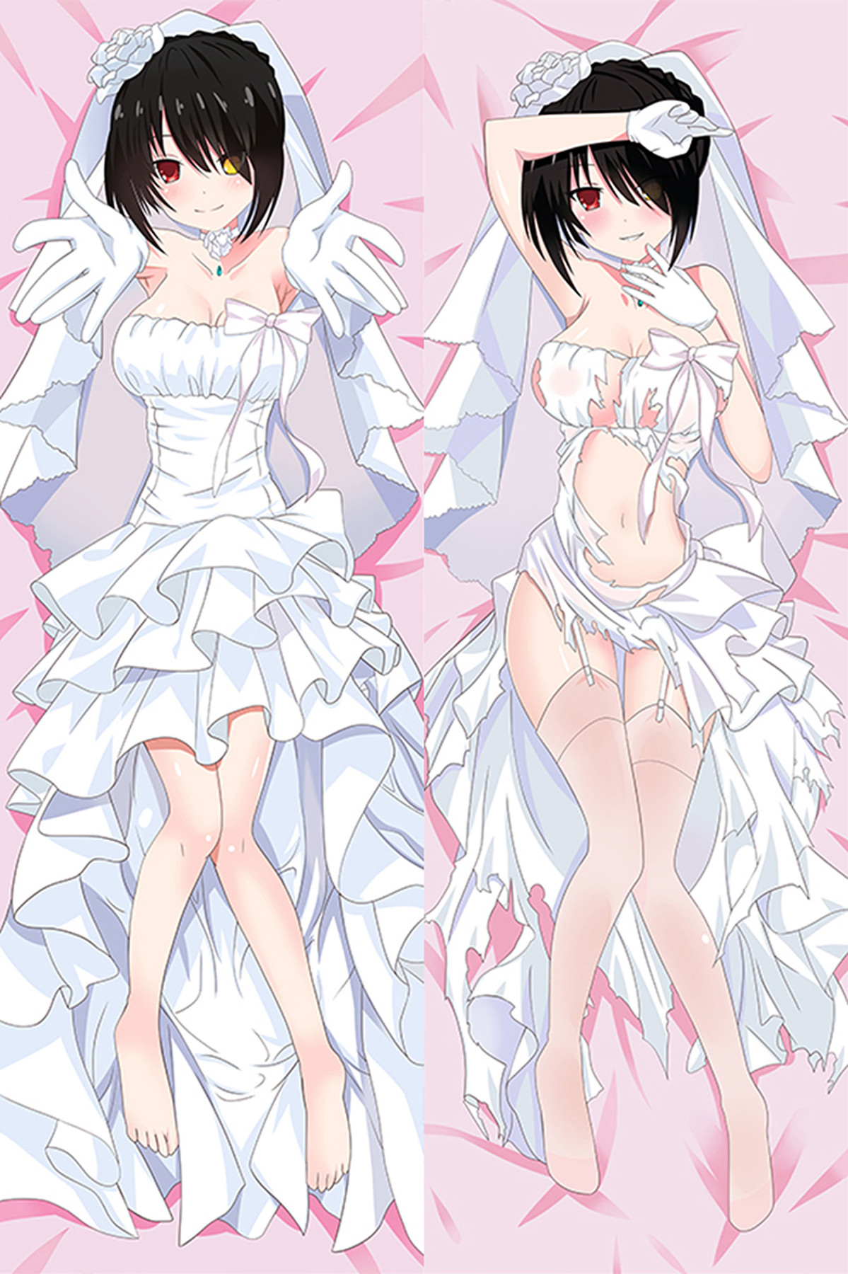 Kurumi Tokisaki with short black hair, red and gold eyes, white bridal dress, rose headpiece, long veil and gloves, beside a torn-dress pose.