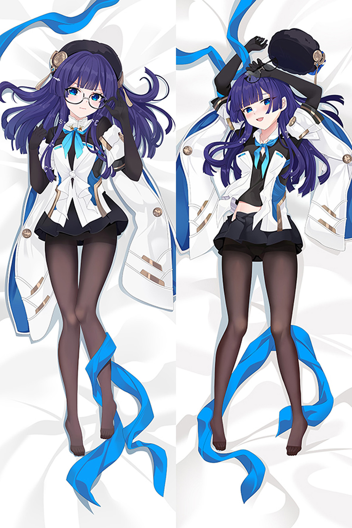 Pela with violet hair, round glasses, a dark beret, white-blue uniform and flowing blue ribbons.