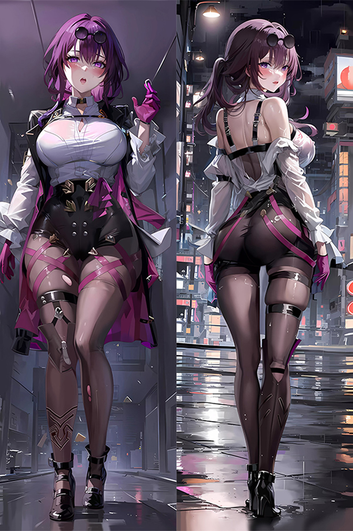 Two Kafka dakimakura illustrations from Honkai Star Rail, with a white blouse, black coat, magenta gloves and dark legwear; grey backdrop and illuminated city street.