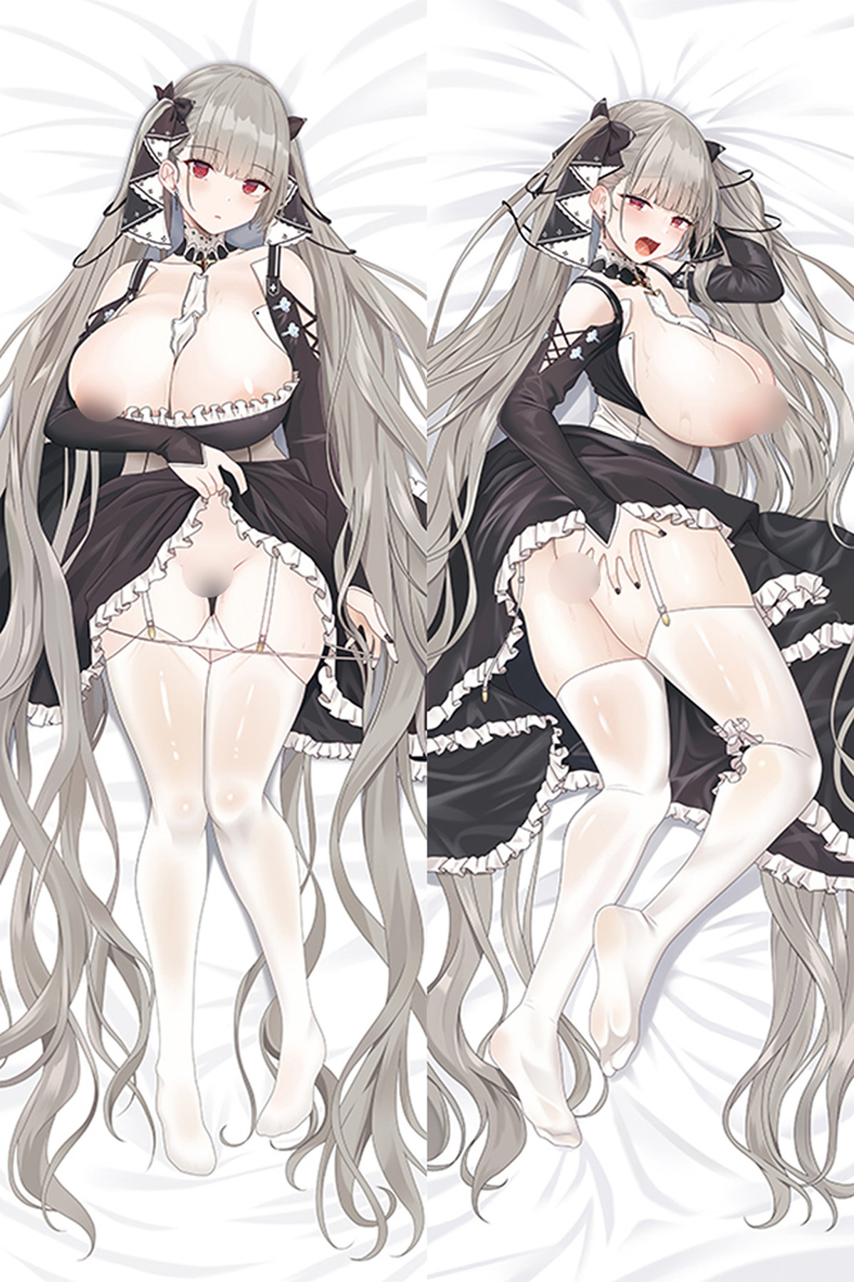 Formidable with long ash-grey twin tails, red eyes, black-white hair bows, frilled black dress, lace collar and white garter stockings.