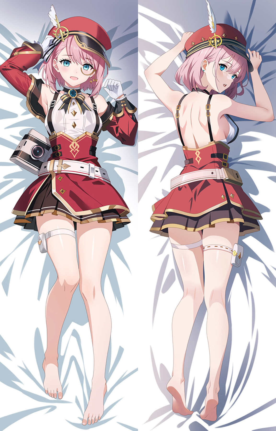 Charlotte funda dakimakura: Conjunto rojo de reportera, pelo rosa y cámara.