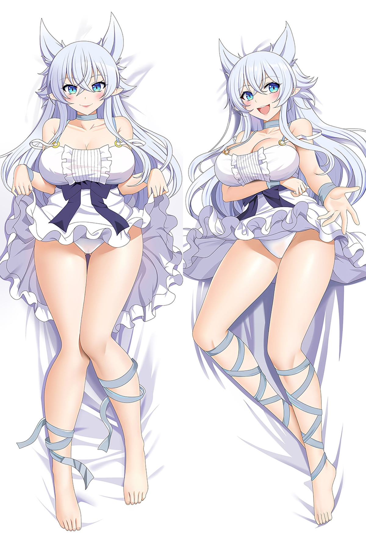 Diseño de dakimakura de Fenrys con cabello plateado, orejas de loba, lazos azul marino y volantes blancos sobre fondo claro
