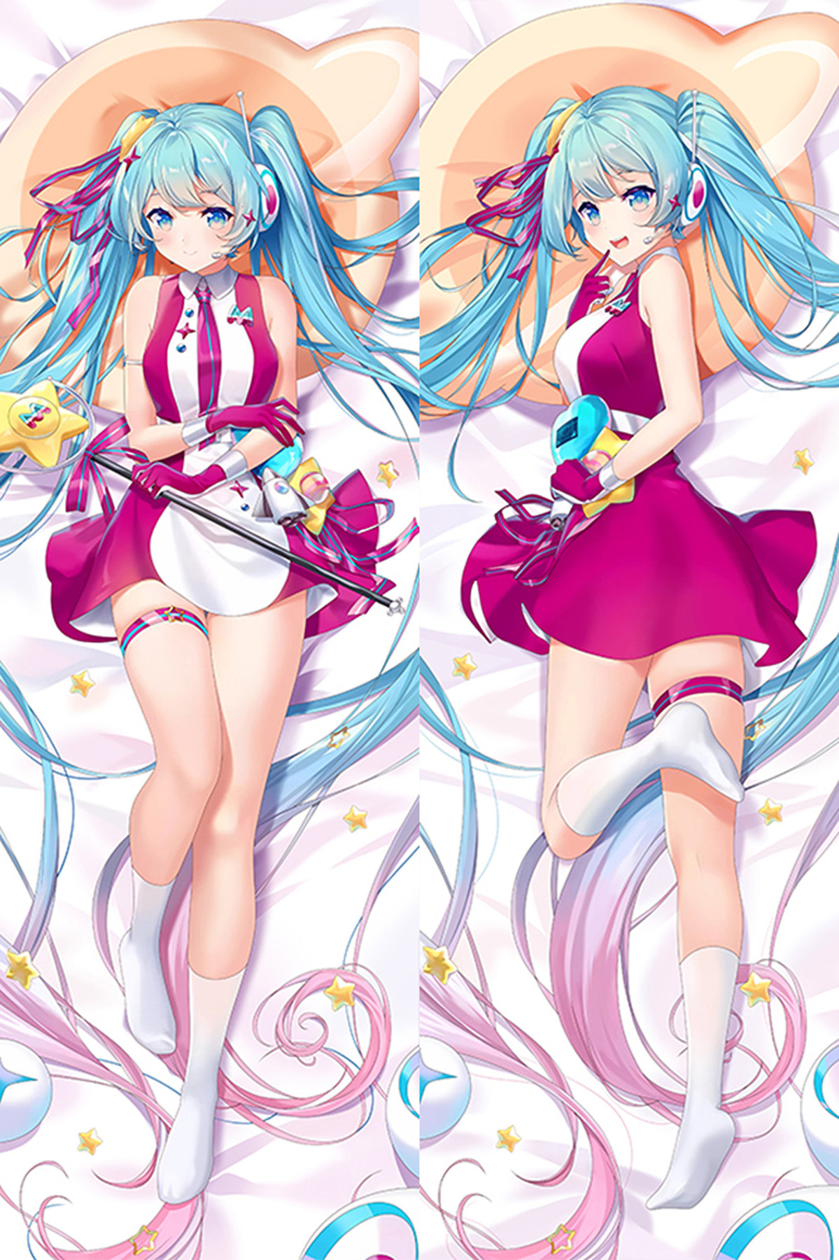 Vorder- und Rückseitendesign für einen Hatsune-Miku-Körperkissenbezug mit einem magentafarbenen und weißen Kleid, übergroßen Schleifen, einem Stab und Sternen als Verzierungen.