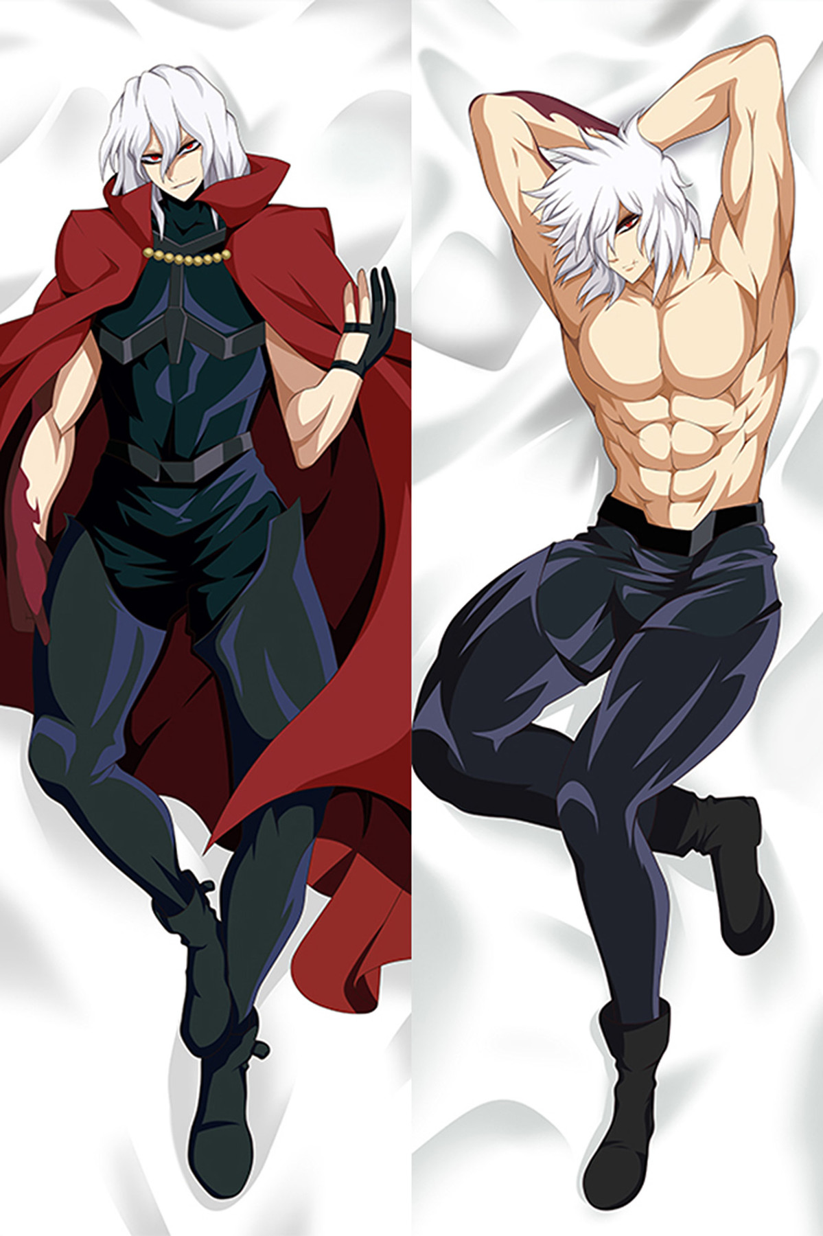 Tomura Shigaraki auf einem Dakimakura-Bezug mit weißem Haar, roten Augen, dunkler Rüstung und rotem Umhang mit goldfarbenem Verschluss.