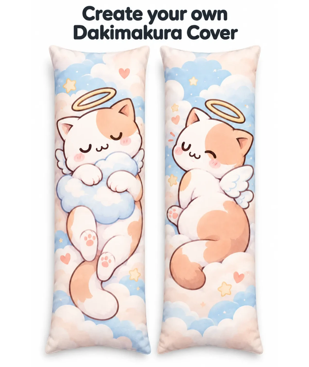 Federa personalizzata per dakimakura con disegni del gatto-angelo DakiHeaven su nuvole dai colori pastello sia sul davanti che sul retro.