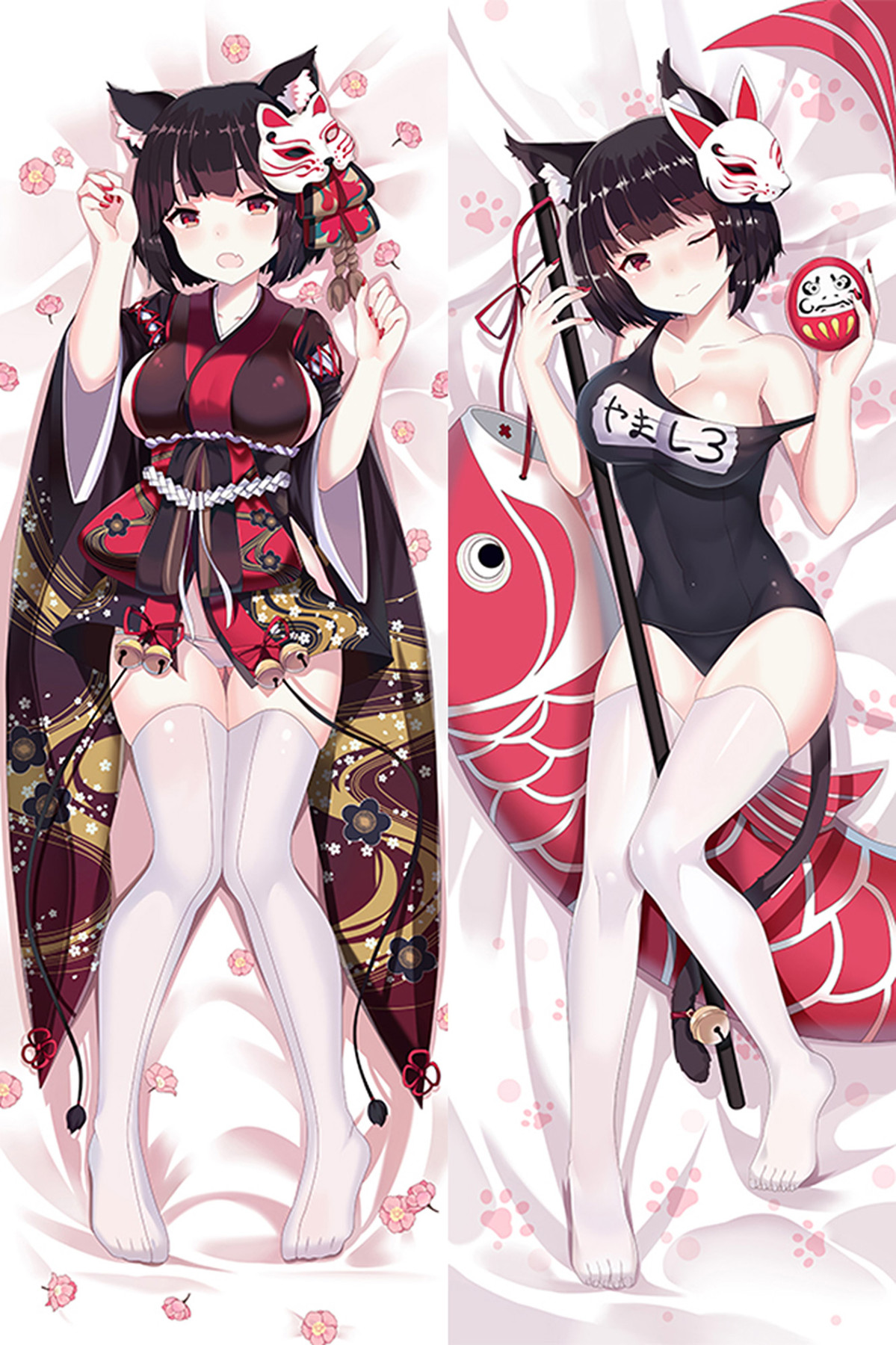 Yamashiro in schwarz-rotem Kimono und dunklem Badeanzug mit Katzenohren, Fuchsmaske und Karpfen-Windsack.