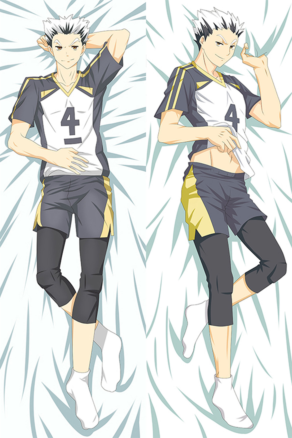 Kotaro Bokuto dakimakura artwork with a white-and-dark number 4 jersey, yellow trim, matching shorts, dark knee supports and white socks.