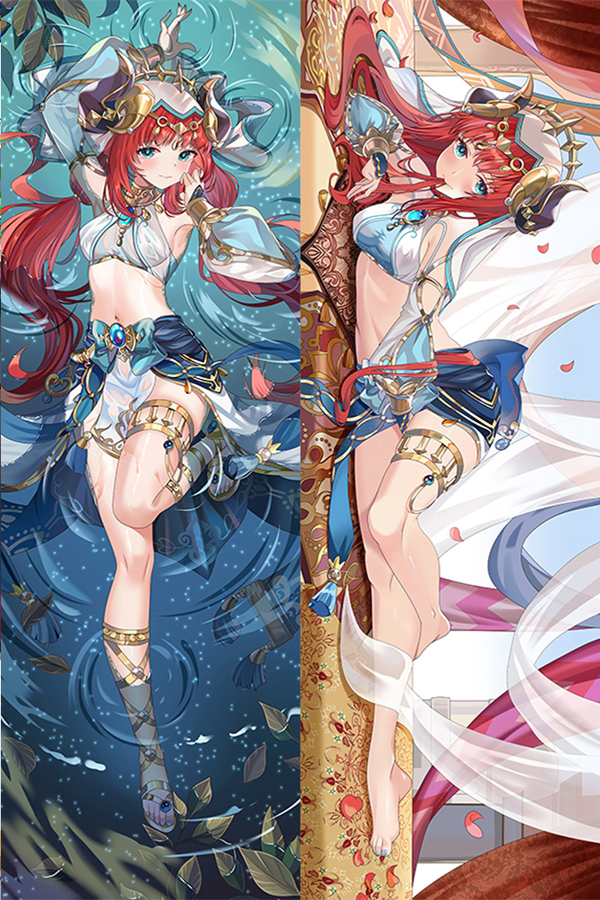 Nilou dakimakura artwork from Genshin Impact in a white and blue costume, with a teal starry background on the left and warm-coloured drapery on the right.