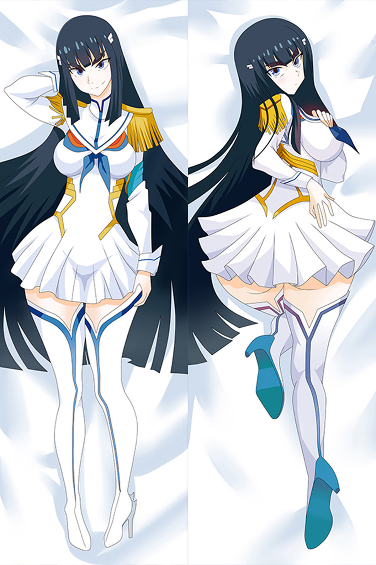 Satsuki Kiryuin dakimakura artwork with a white pleated uniform, blue details, gold shoulder fringe and tall white boots.