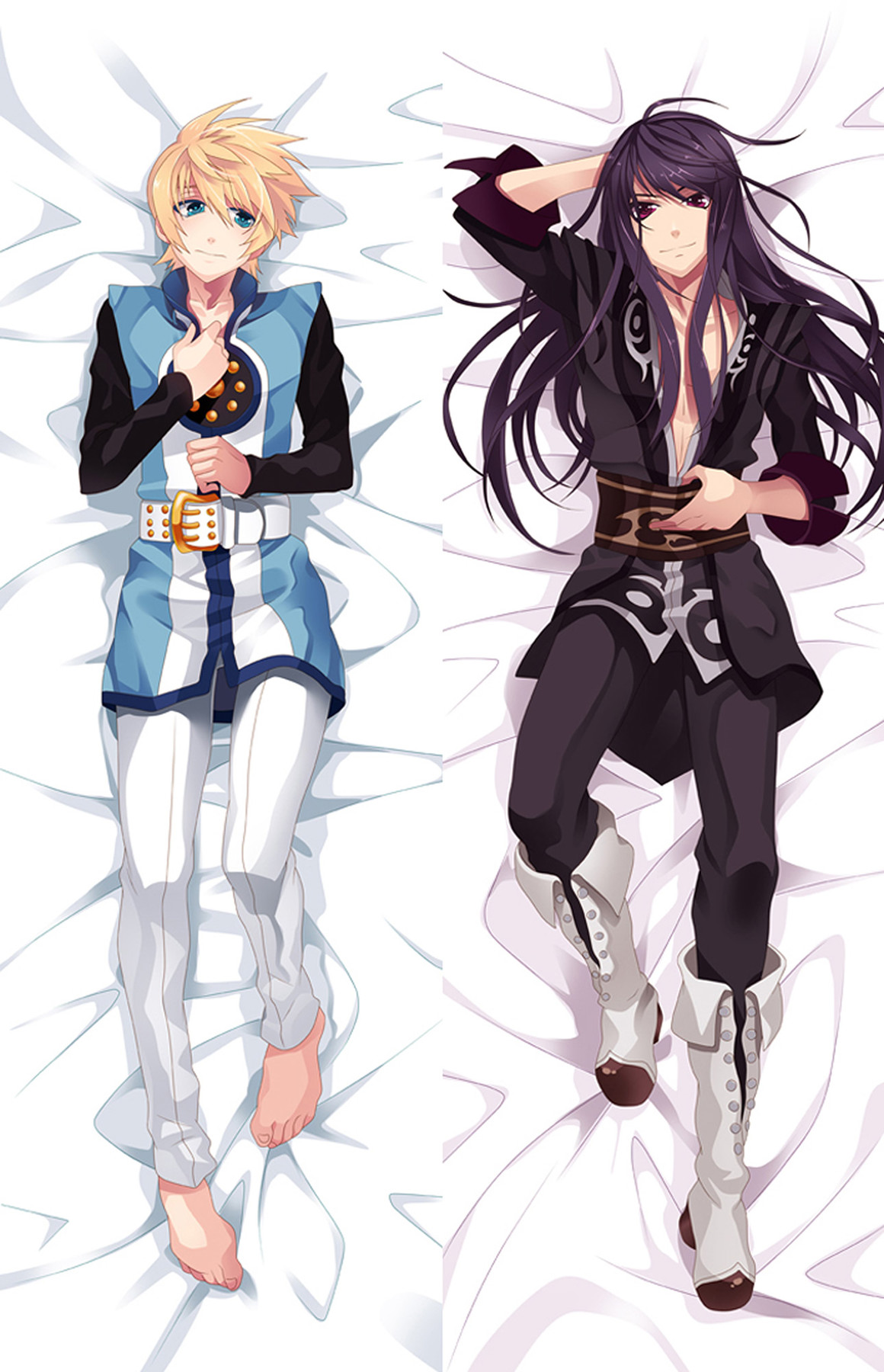 Yuri Lowell and Flynn Scifo dakimakura artwork with blue-and-white tunic and white trousers beside a dark jacket, dark trousers and white boots.