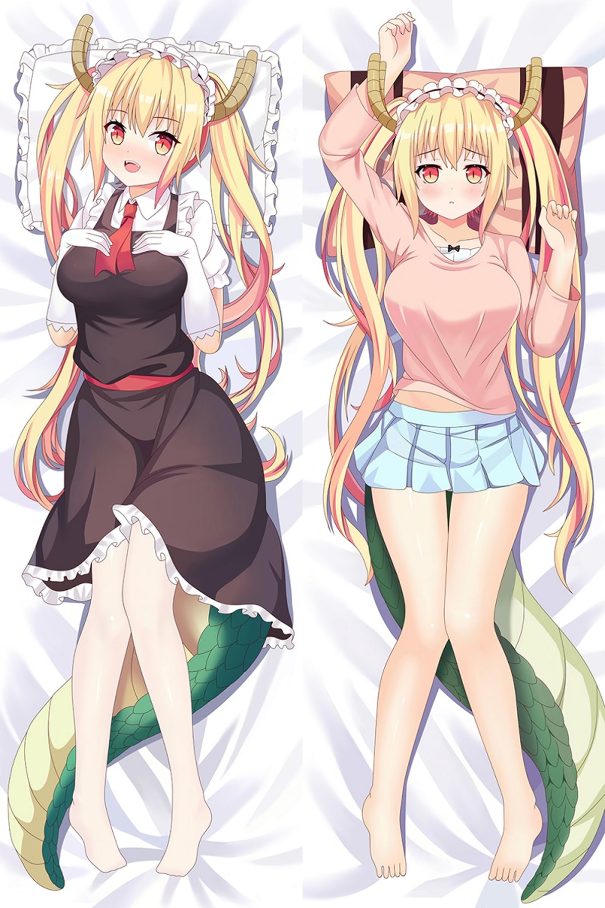 Tohru op een dakimakurahoes, links in een donkere maidjurk met rode stropdas, rechts met perzikroze top en lichtblauwe plooirok, hoorns en groene drakenstaart.