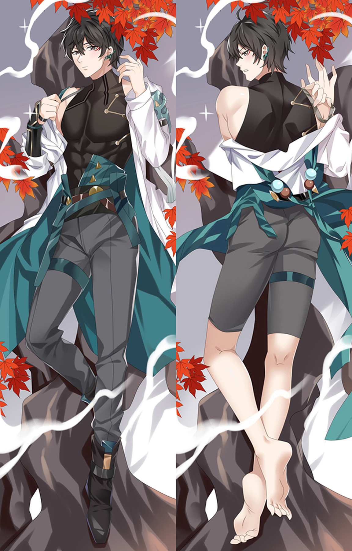 Double-sided Dan Heng dakimakura body pillow case artwork with red maple leaves and a white coat.
