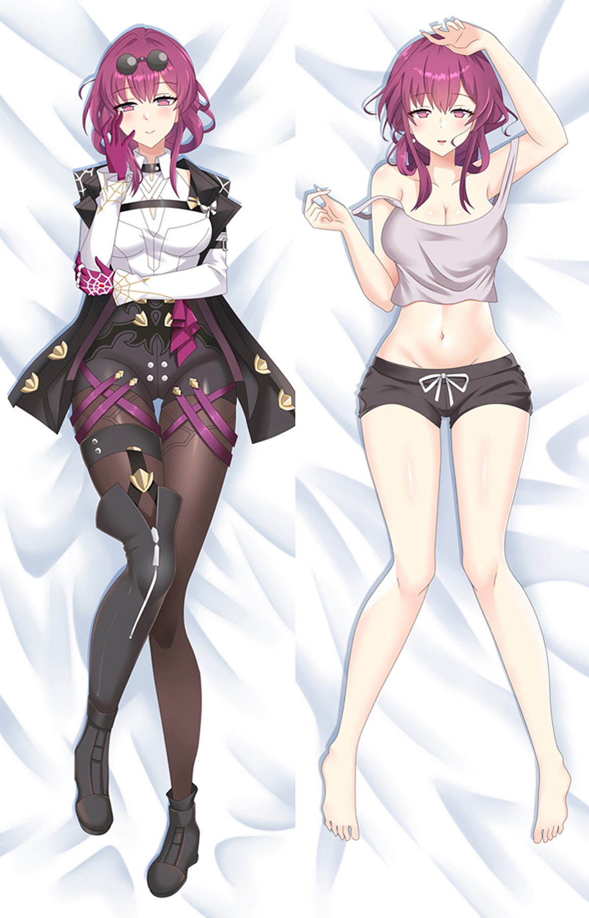 Tweezijdige Kafka-illustratie uit Honkai Star Rail voor een dakimakurahoes: witte blouse, zwarte jas en paarse kousen aan de ene kant, grijze crop top en zwarte short met trekkoord aan de andere.