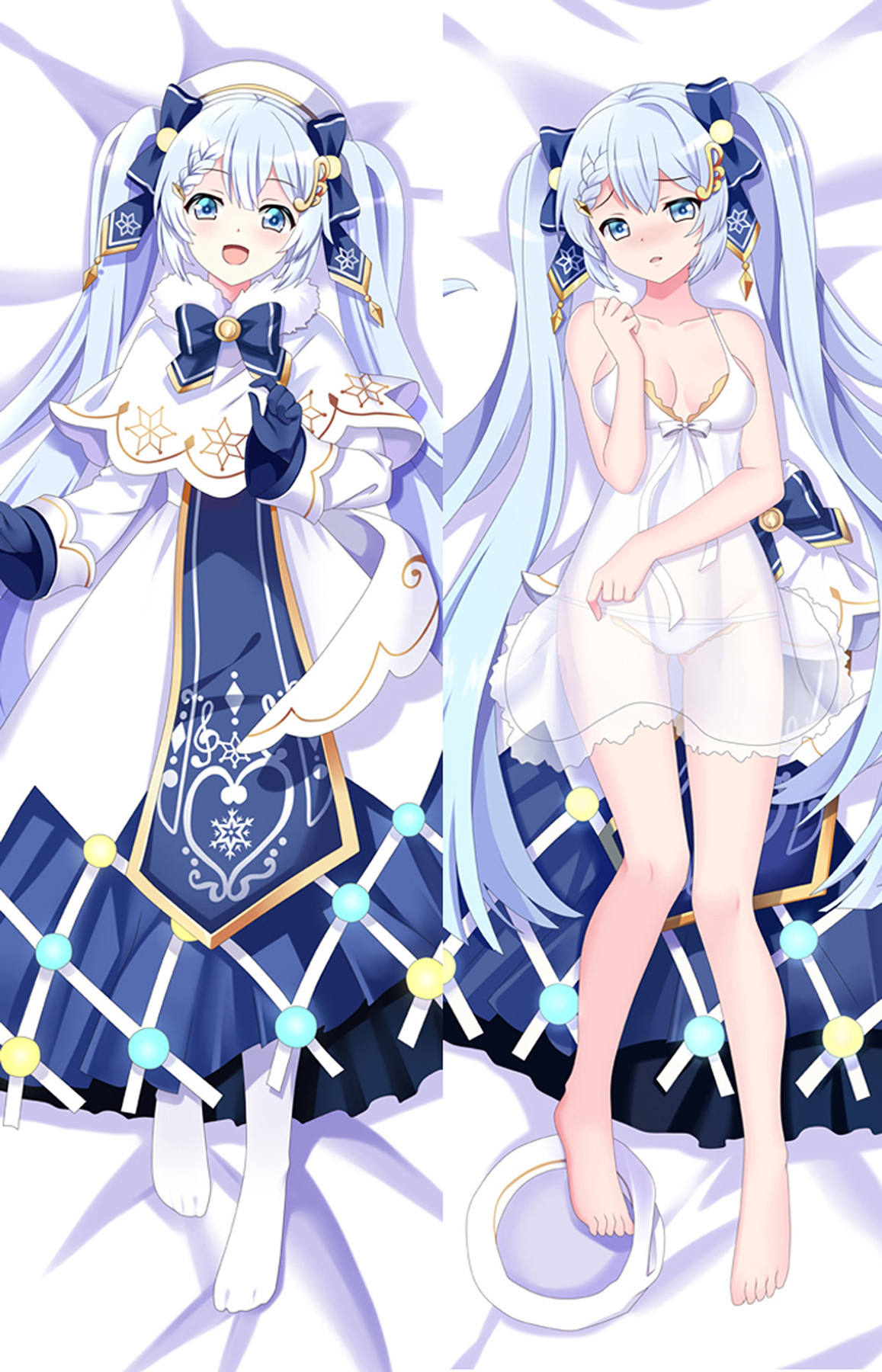 Hatsune Miku auf einem Dakimakura-Bezug mit hellblauen Zöpfen und Schneeflockenmotiven.