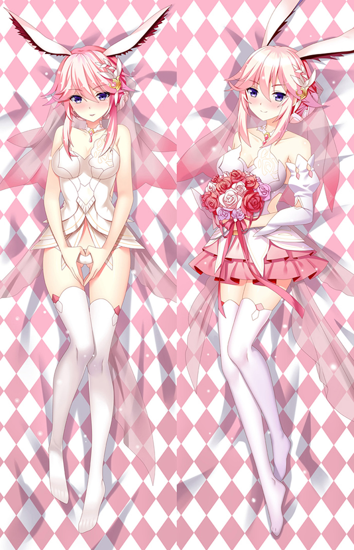 Yae Sakura sur une housse dakimakura avec des cheveux roses, un voile et un bouquet de roses.