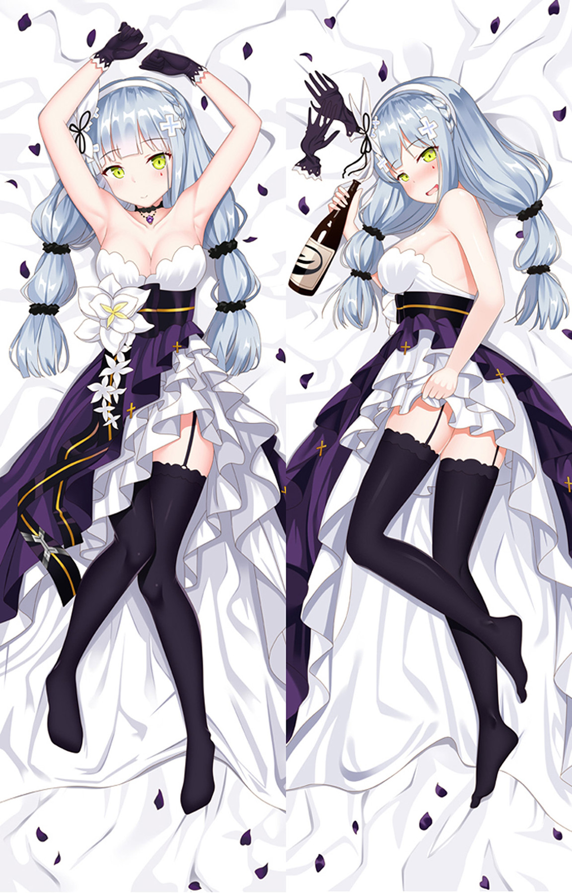 Two-sided HK416 dakimakura artwork with silver-blue twin-tails, a purple and white frilled dress, white flowers and purple petals.