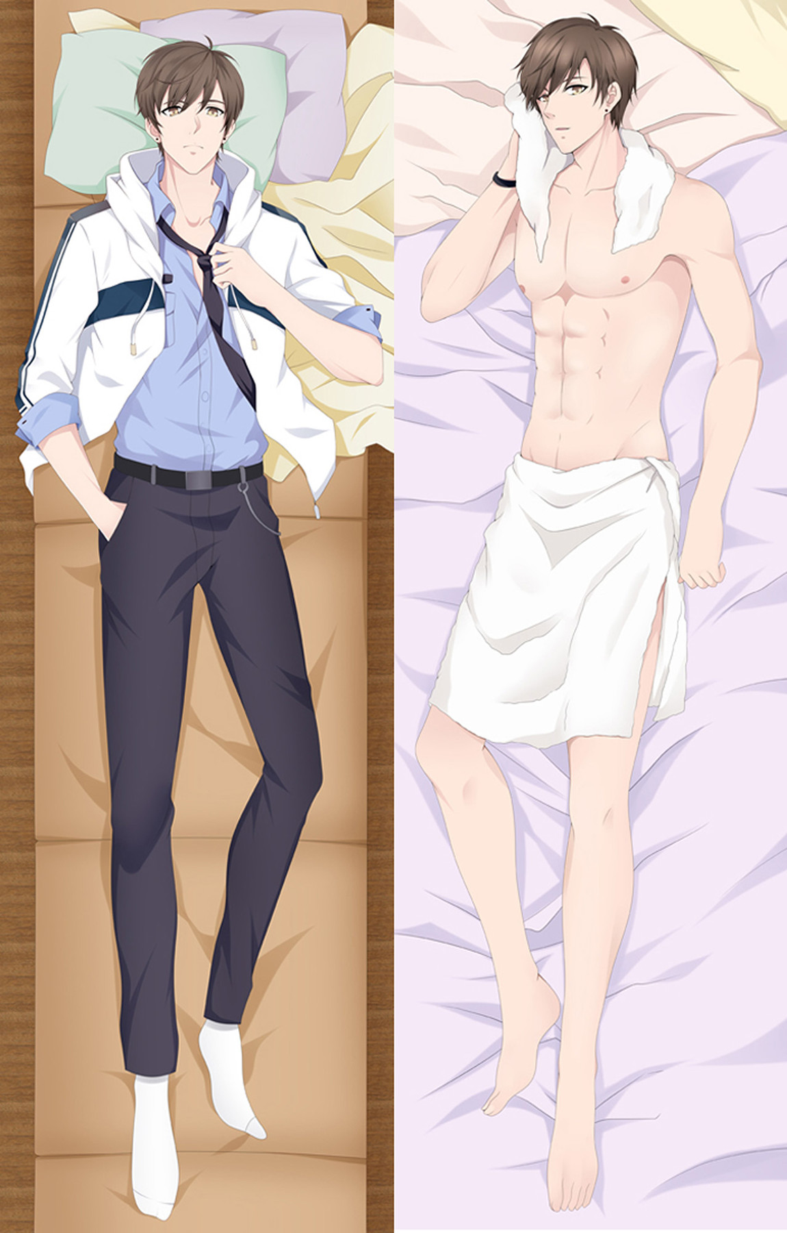 Two-sided Gavin dakimakura artwork on pastel bedding, with a white jacket and blue shirt on one side and a white towel on the other.
