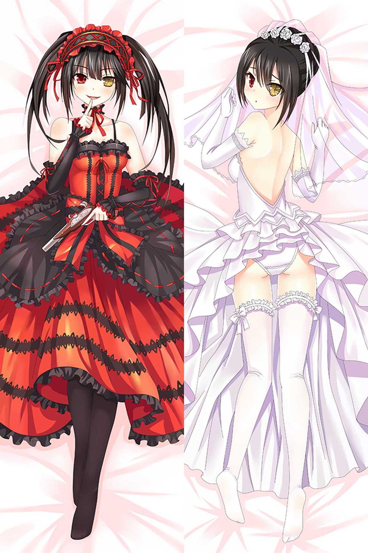 Kurumi Tokisaki Dakimakura-Bezug im rot-schwarzen Gothic-Kleid mit Pistole sowie weißem Braut-Outfit mit Schleier und Handschuhen