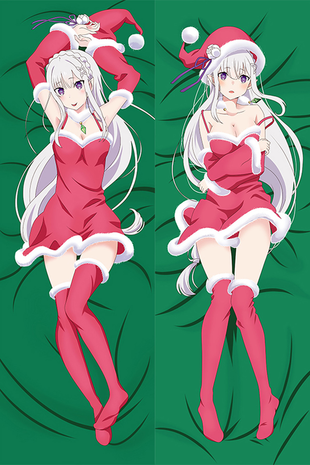 Beidseitige Illustration für den Emilia Dakimakura-Bezug mit rotem Festtagsoutfit und weißem Besatz.
