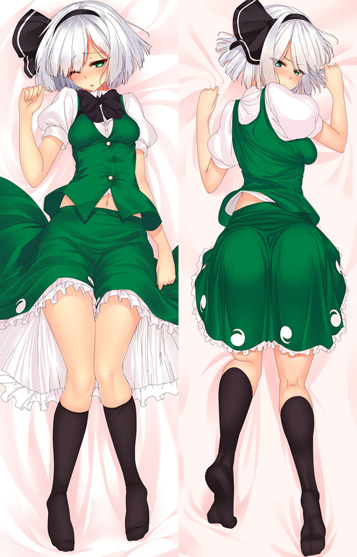 Funda dakimakura de Youmu Konpaku con pelo corto blanco plateado y lazo negro, chaleco verde, falda con volantes, blusa y calcetines negros