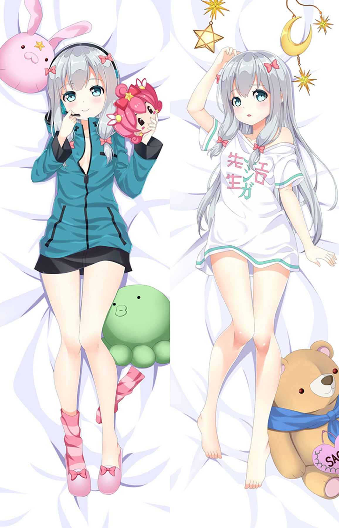 Dubbelzijdige illustratie voor een Sagiri Izumi dakimakurahoes (Eromanga Sensei) met turquoise jasje.