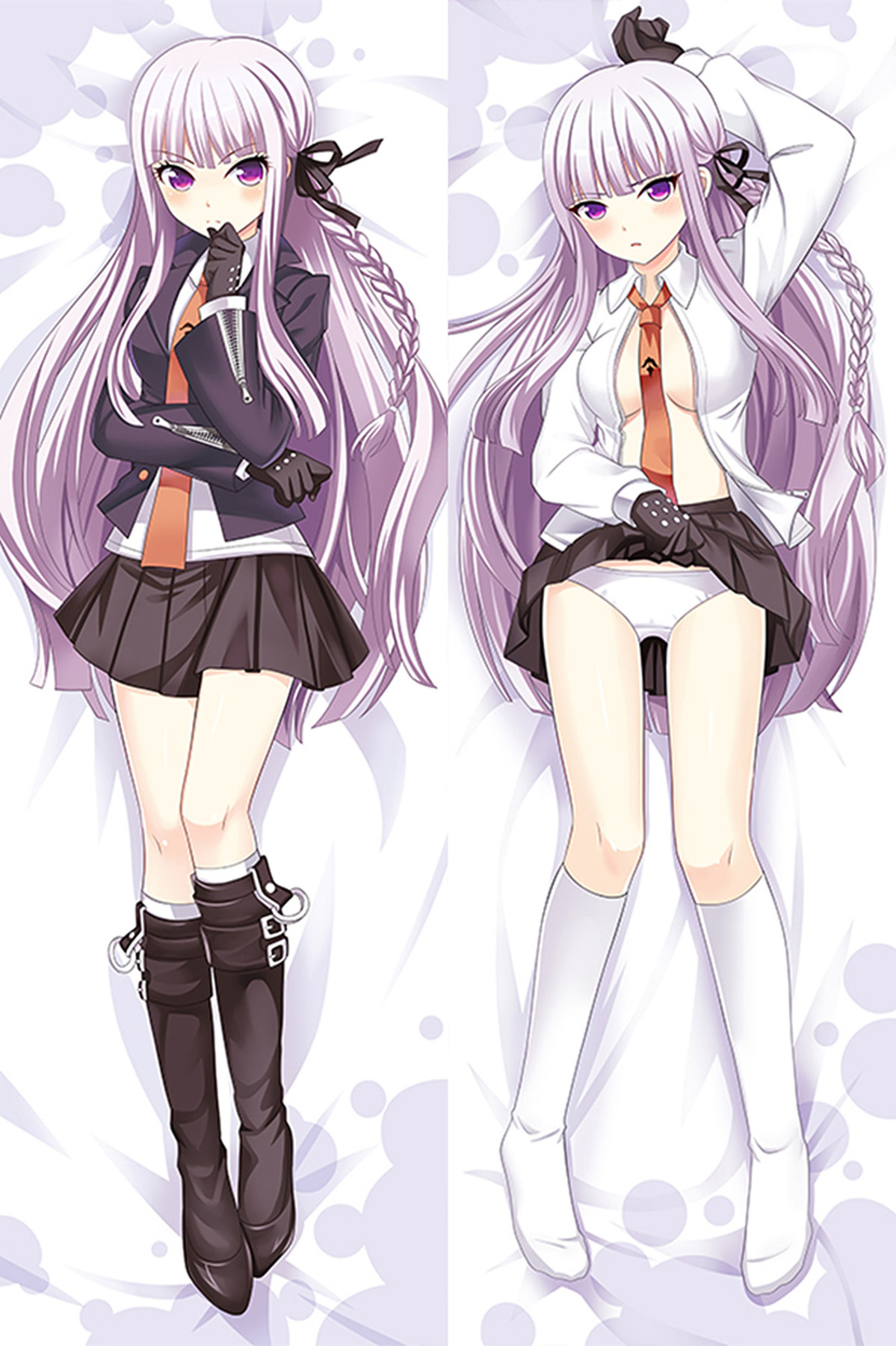 Dubbelzijdige illustratie voor een Kyoko Kirigiri dakimakurahoes met donker jasje en laarzen met gespen.