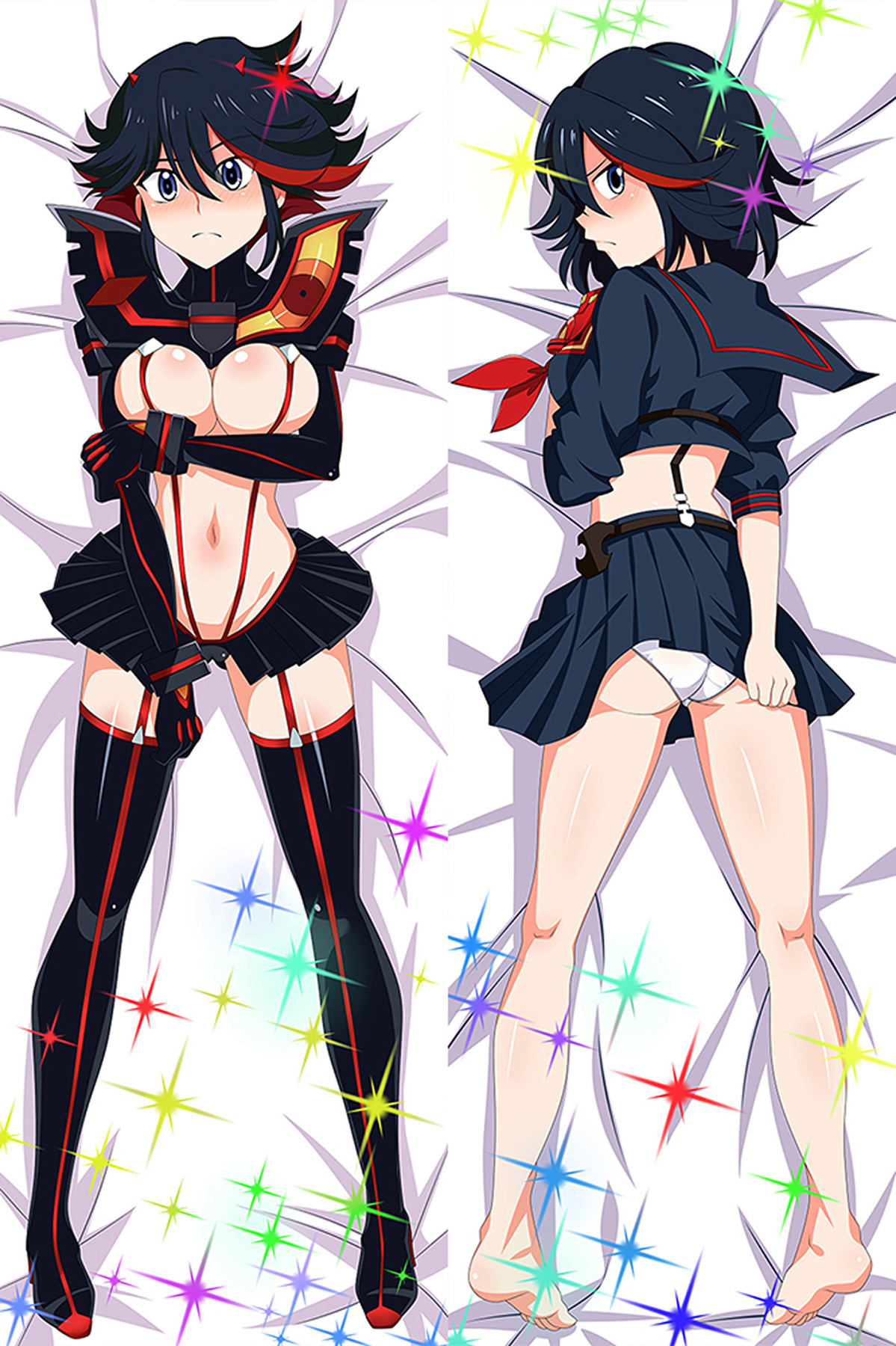 Ryuko Matoi : cheveux foncés à mèche rouge, tenue sombre bordée de rouge, gants, bottes et étoiles