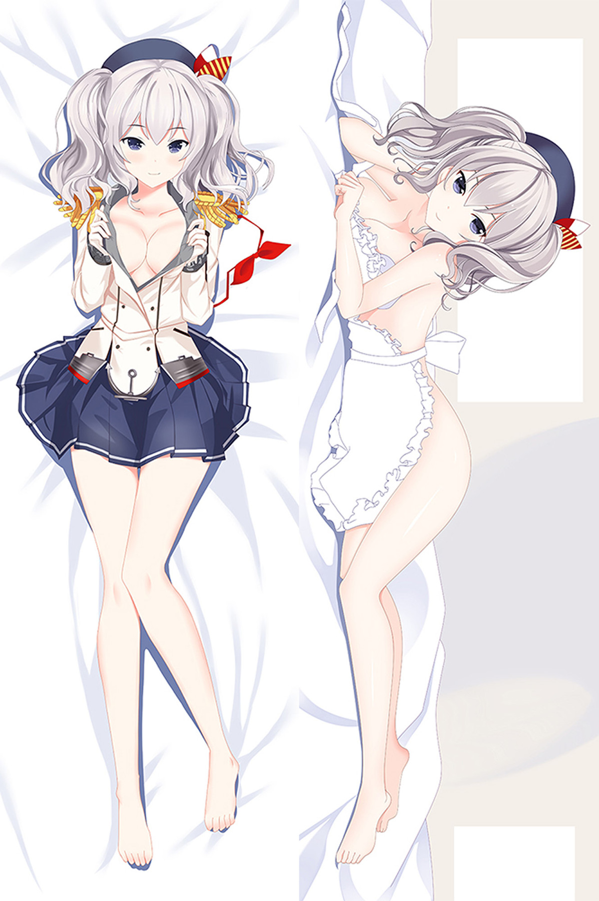 Ilustración de ambas caras de una funda dakimakura Kashima con pliegues azul marino y volantes blancos.