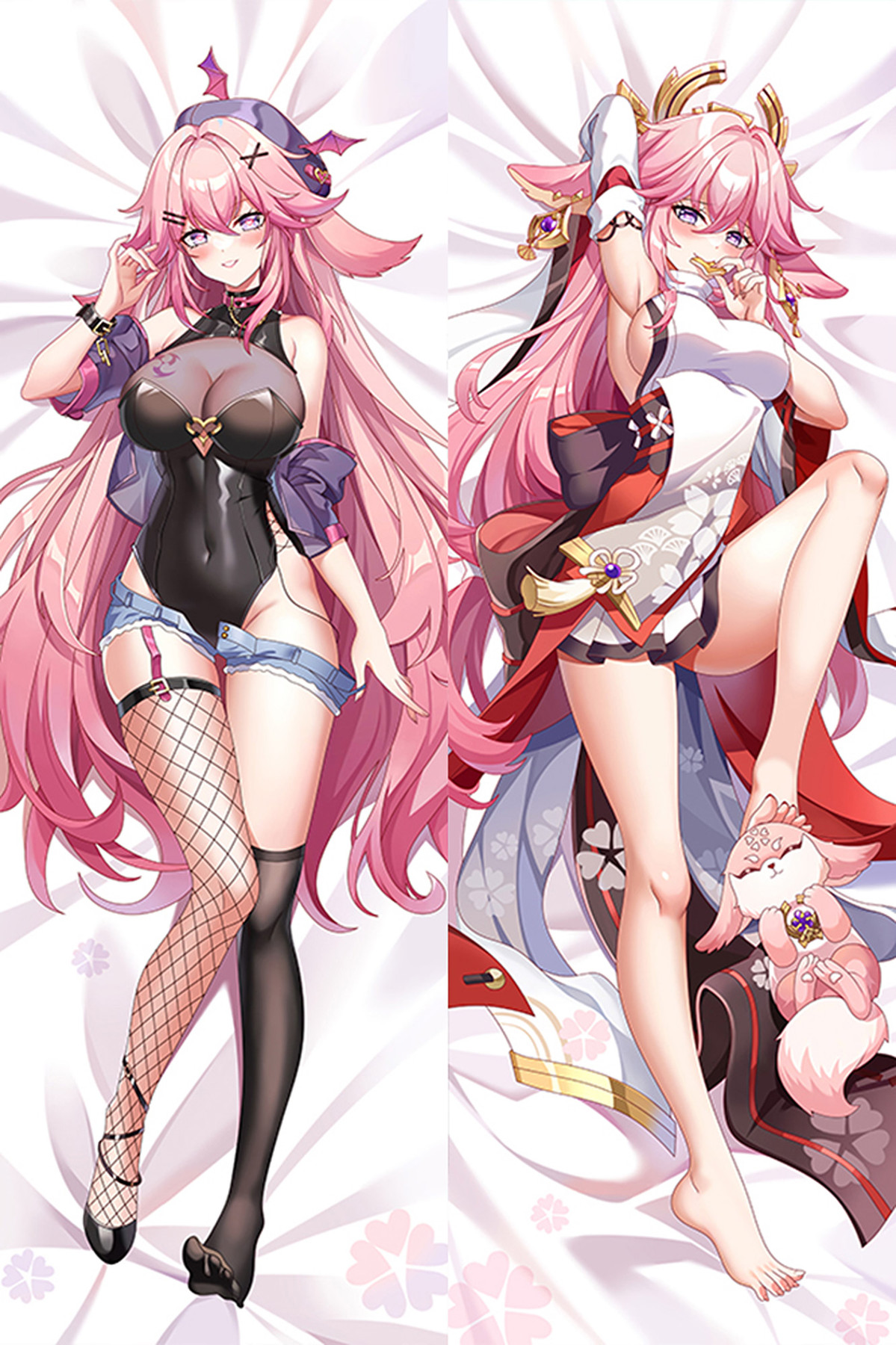 Yae Miko Dakimakura-Bezug mit schwarzem Bodysuit, violetten Ärmeln und Jeansshorts sowie weiß-rotem Outfit und rosa Fuchspuppe.